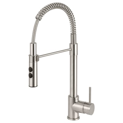 VIMMERN köksblandare i rostfritt stål med flexibel fjäderpip, neddragbar spruta, elegant modern design.