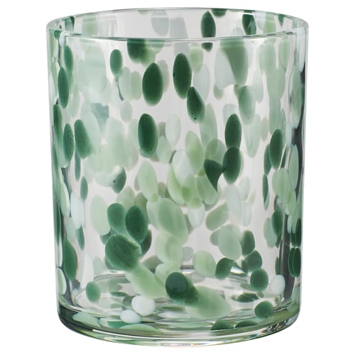 VINDSTILLA ljusstake, grönt glas, cylindrisk, spräcklig design.