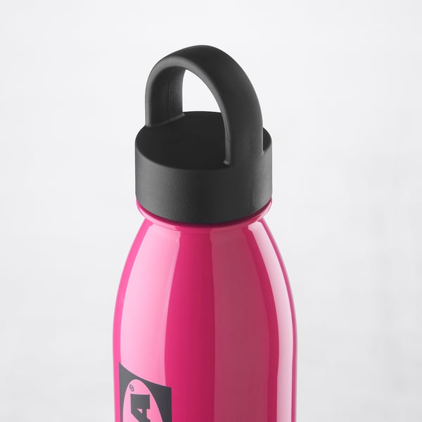 Bright pink reusable bottle with black lid, easy-carry loop, sturdy & safe design.