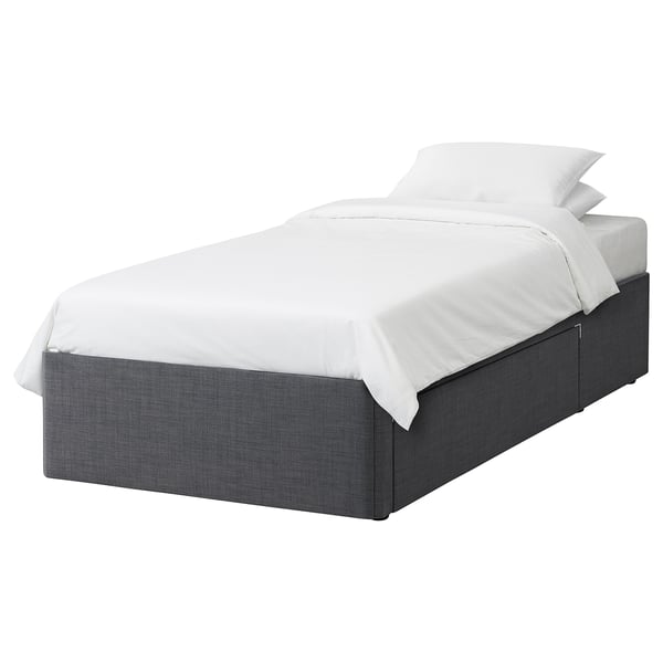 BALESTRAND bed, grey, fabric, rectangular, simple design, storage drawer.