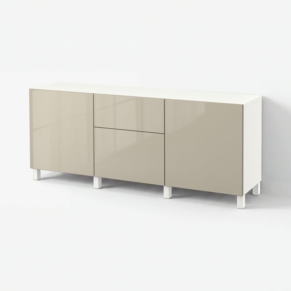 BESTÅ Storage combination with drawers, white/Selsviken/Stubbarp high-gloss/beige, 180x42x74 cm