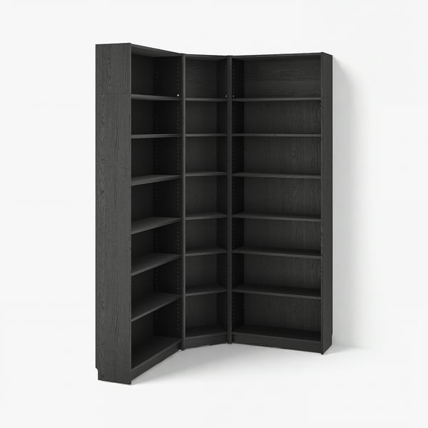 BILLY, an l-shaped bookcase with six empty shelves, made of blackish-brown wood, designed for corner use.