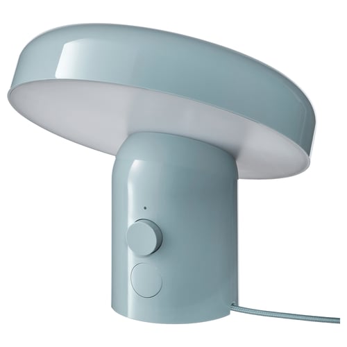 Modern blue table lamp with adjustable light and sound controls, corded.