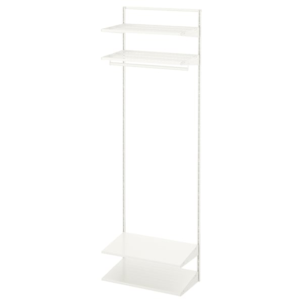 A white BOAXEL storage system with shelves and hanging rod, ideal for organising clothing.