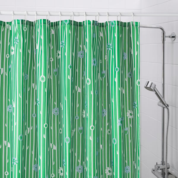 Green BOLLBUDDLEJA shower curtain with small white flowers. 72x72, hangs low, matches bathroom tiles. Water-repellent recycled polyester.