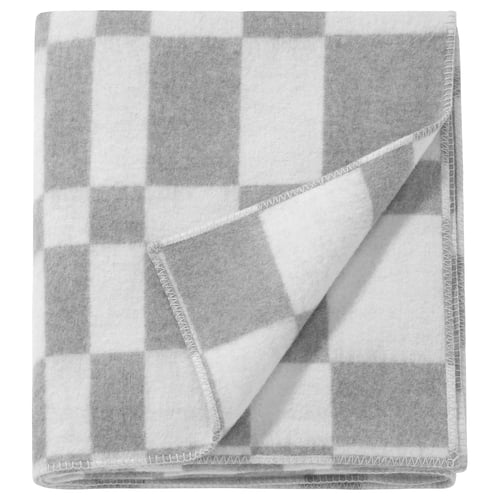 BORSTTÅG grey folded blanket, chequered pattern, soft polyester, square shape.