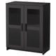 A black BRIMNES storage cabinet with glass doors, featuring adjustable shelves.