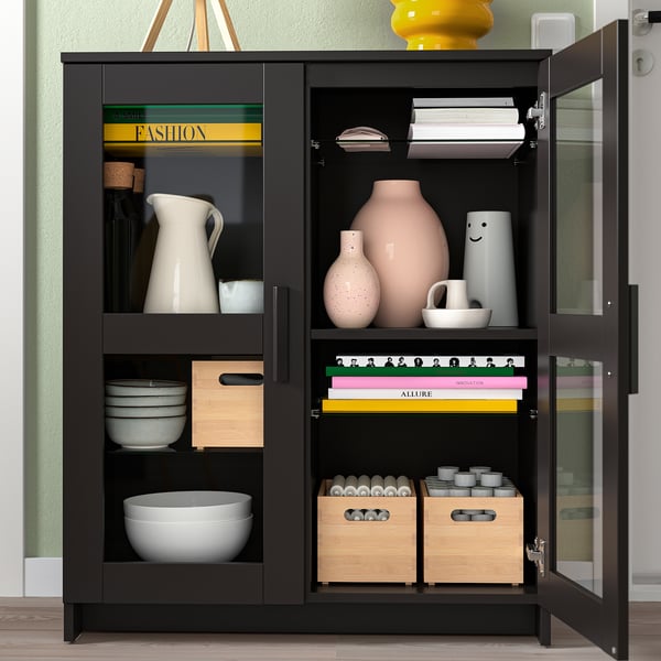 BRIMNES Cabinet with doors, glass/black, 78x95 cm