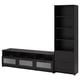 Black BRIMNES tv unit: wide console, 3 drawers, glass fronts; tall bookcase, 4 shelves for organised media storage.