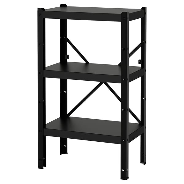 Black, 3-tier BROR metal shelving unit; durable, sturdy storage.