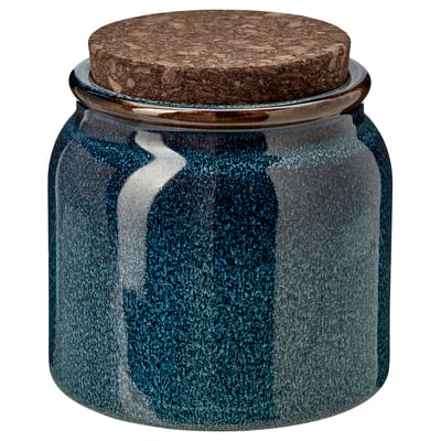 BRUGDHAJ: dark blue round stoneware jar with cork lid. Decorative kitchen storage.