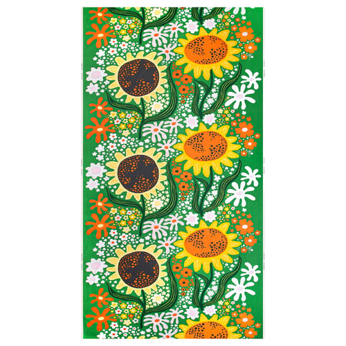 Bright green fabric featuring stylised sunflowers and multi-colored flowers, 150x300 cm, 100% recycled cotton.