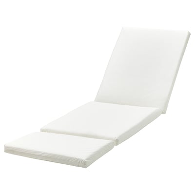 A white ikea DUVHOLMEN outdoor lounge chair cushion. Its rectangular with a flat back design, made from a mix of recycled materials for comfort.