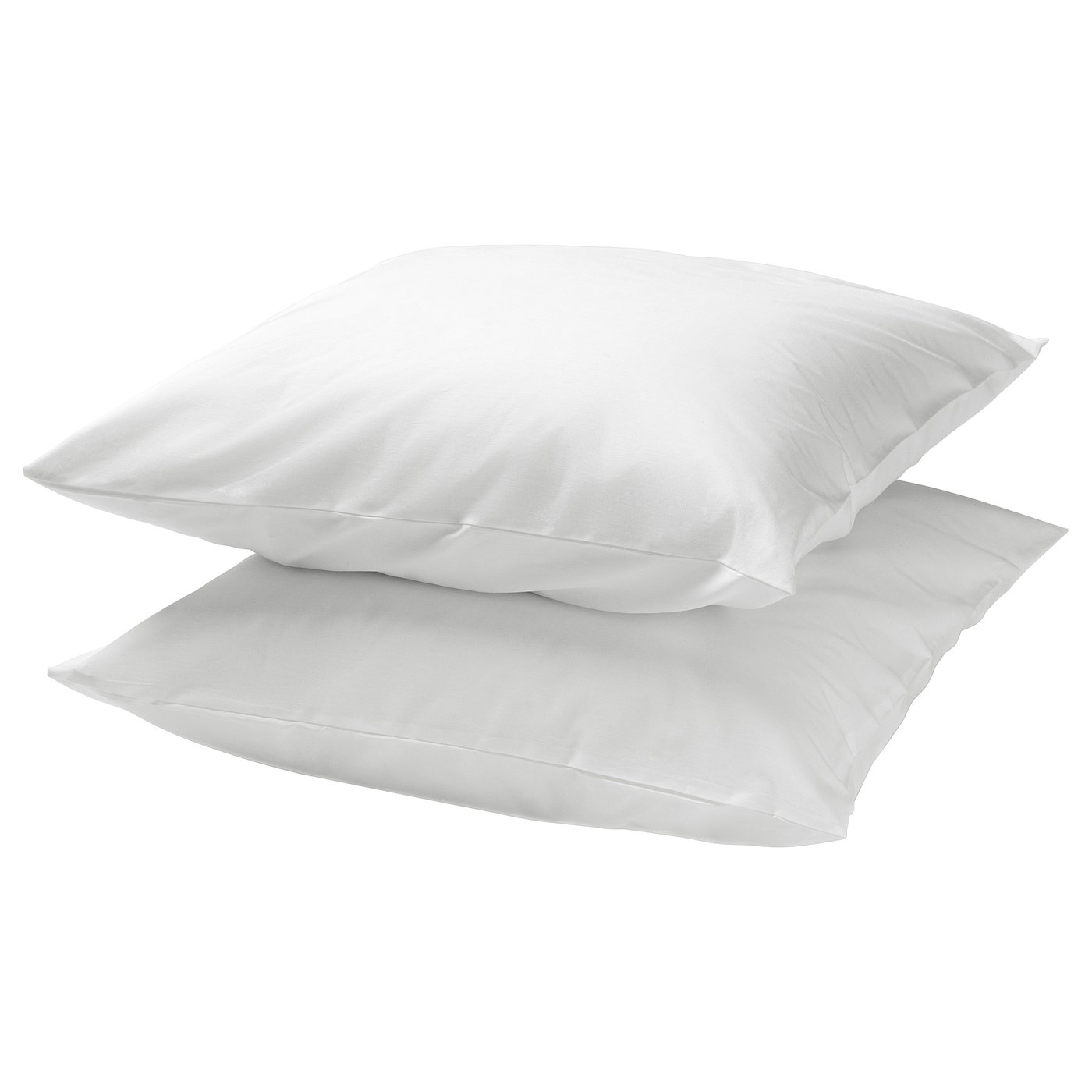 Two white DVALA cotton pillowcases stacked neatly. Simple, square design, pristine and inviting.