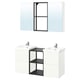 ENHET: modern white double vanity with black accents, mirror, and sinks. Sleek, symmetrical design.