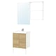 Modern bathroom vanity: white cabinet, wooden doors, wall mirror, chrome tap.
