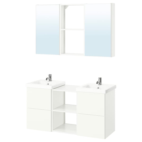 ENHET white bathroom vanity, 2 sinks, mirrored cabinets, modern design.