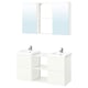 ENHET white bathroom vanity, 2 sinks, mirrored cabinets, modern design.