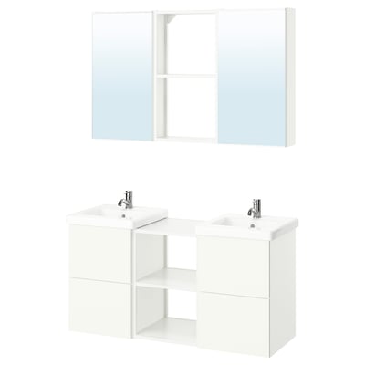 ENHET white bathroom vanity, 2 sinks, mirrored cabinets, modern design.
