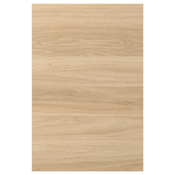 An ikea ENHET cabinet door in oak color with a particleboard core and plastic foil finish. Its rectangular, thick, and has a natural wood pattern.
