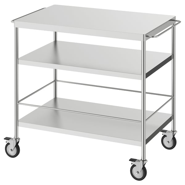 Stainless steel FLYTTA cart, 3 shelves, lockable wheels.