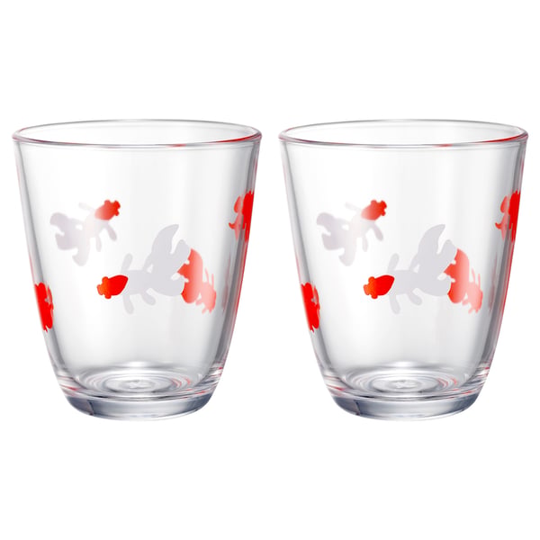 Pair of clear tempered glass cups with red and grey goldfish design.