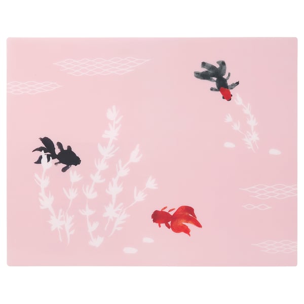 Rectangular pink placemat with black and red fish, white plants, browse-friendly plastic.