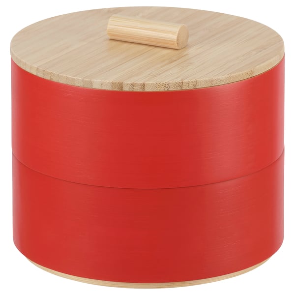 FÖSSTA red bamboo snack box with lid, 2-tiered, round, traditional chinese design.