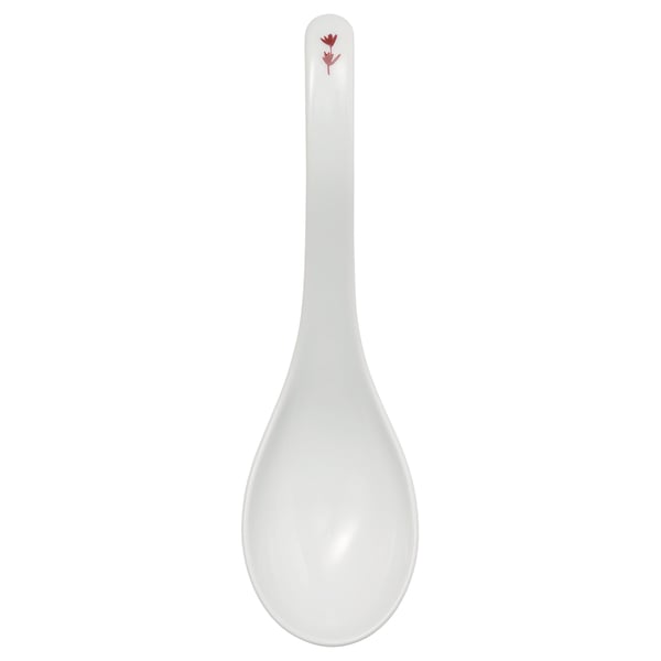 A white FÖSSTA soup spoon with a curved, easy-grip handle and subtle floral design for a classy look.