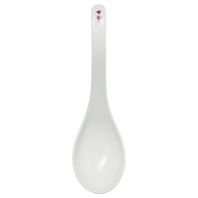 A white FÖSSTA soup spoon with a curved, easy-grip handle and subtle floral design for a classy look.