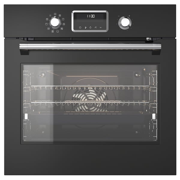 Black FORNEBY oven. Modern touch controls, convection baking, telescopic rails, and a self-cleaning feature. Display shows 11:30.