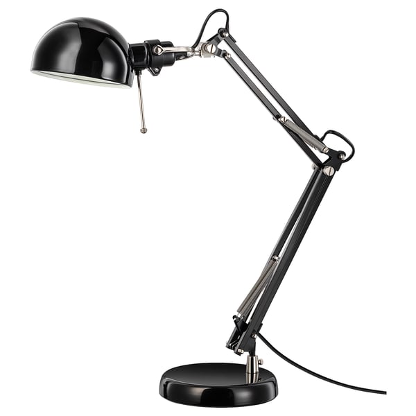 Black FORSÅ desk lamp with adjustable steel arm, spherical shade, round base. Classic, functional design.