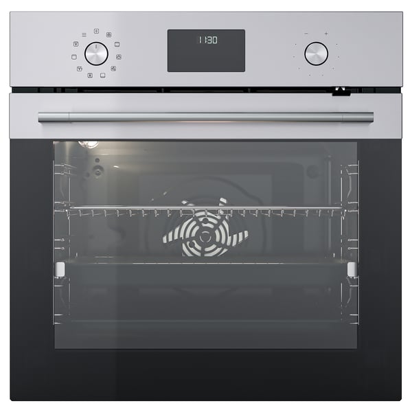 A modern stainless steel oven, FRILLESBO by IKEA, with a digital display, control knobs, and a glass door.