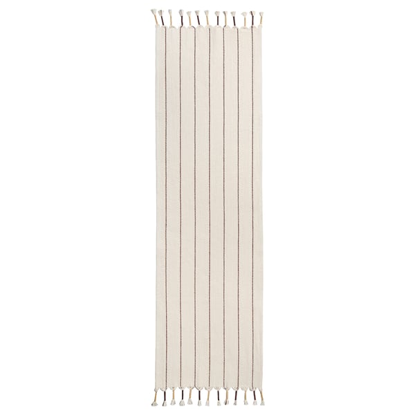 Beige GOKVÄLLÅ table runner with fringe and stripes.