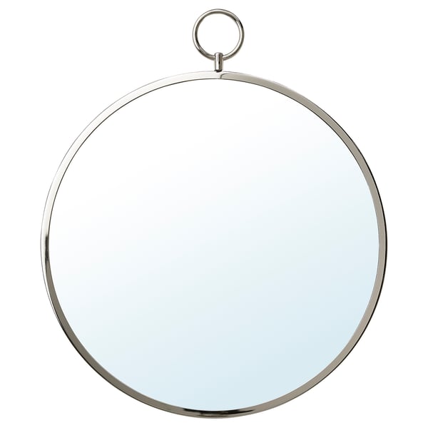A round, nickel-plated mirror named GRYTÅS. It has a sleek design with a metal frame and can be hung or stood.
