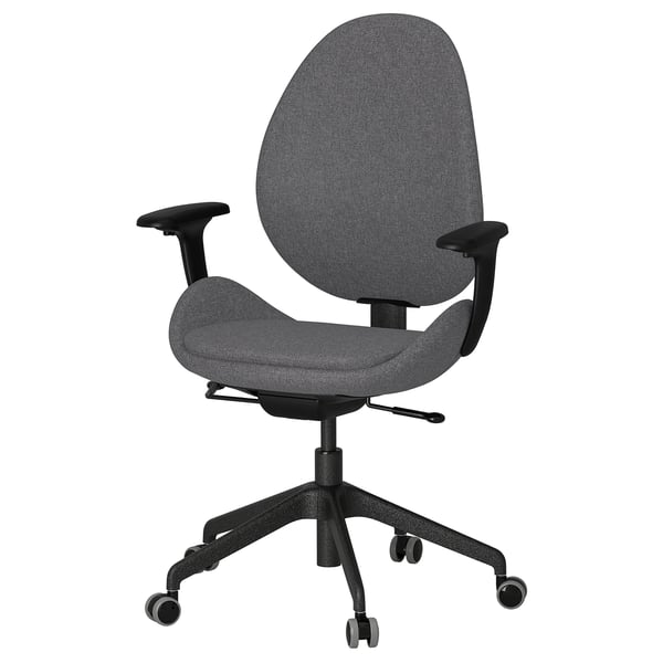 HATTEFJÄLL: grey ergonomic office chair, adjustable, tilt & lumbar support, wheels.