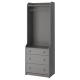 Grey HAUGA wardrobe with 3 drawers, open hanger space, minimalist design, sturdy particleboard & acrylic paint construction.