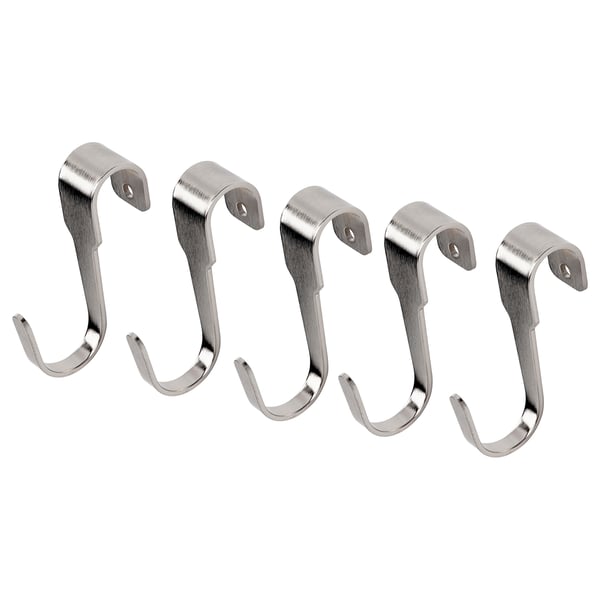 Four shiny silver metallic hooks with long, curved shapes, designed to hang items on a rail, made of steel with a nickel finish.