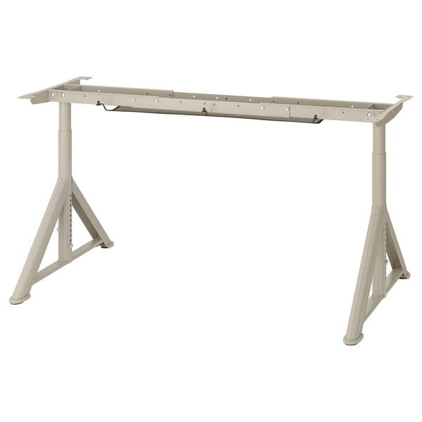 IDÅSEN adjustable desk frame in beige, triangular base, lightweight, height-adjustable.