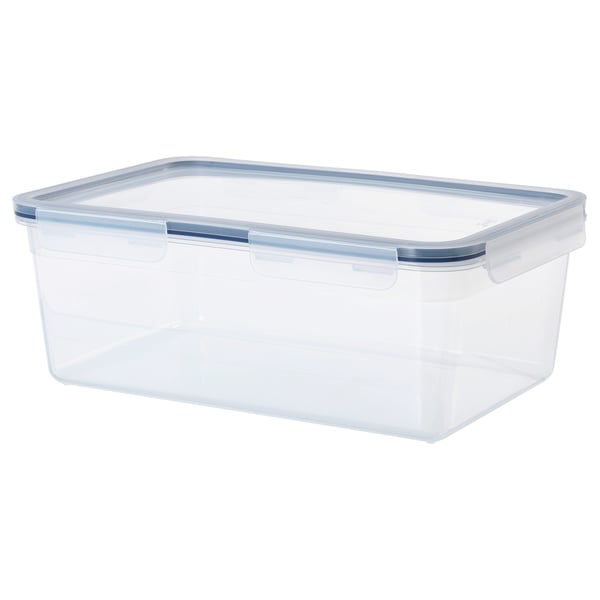 IKEA 365+ transparent food container, clear plastic, rectangular shape and leak-proof lid.