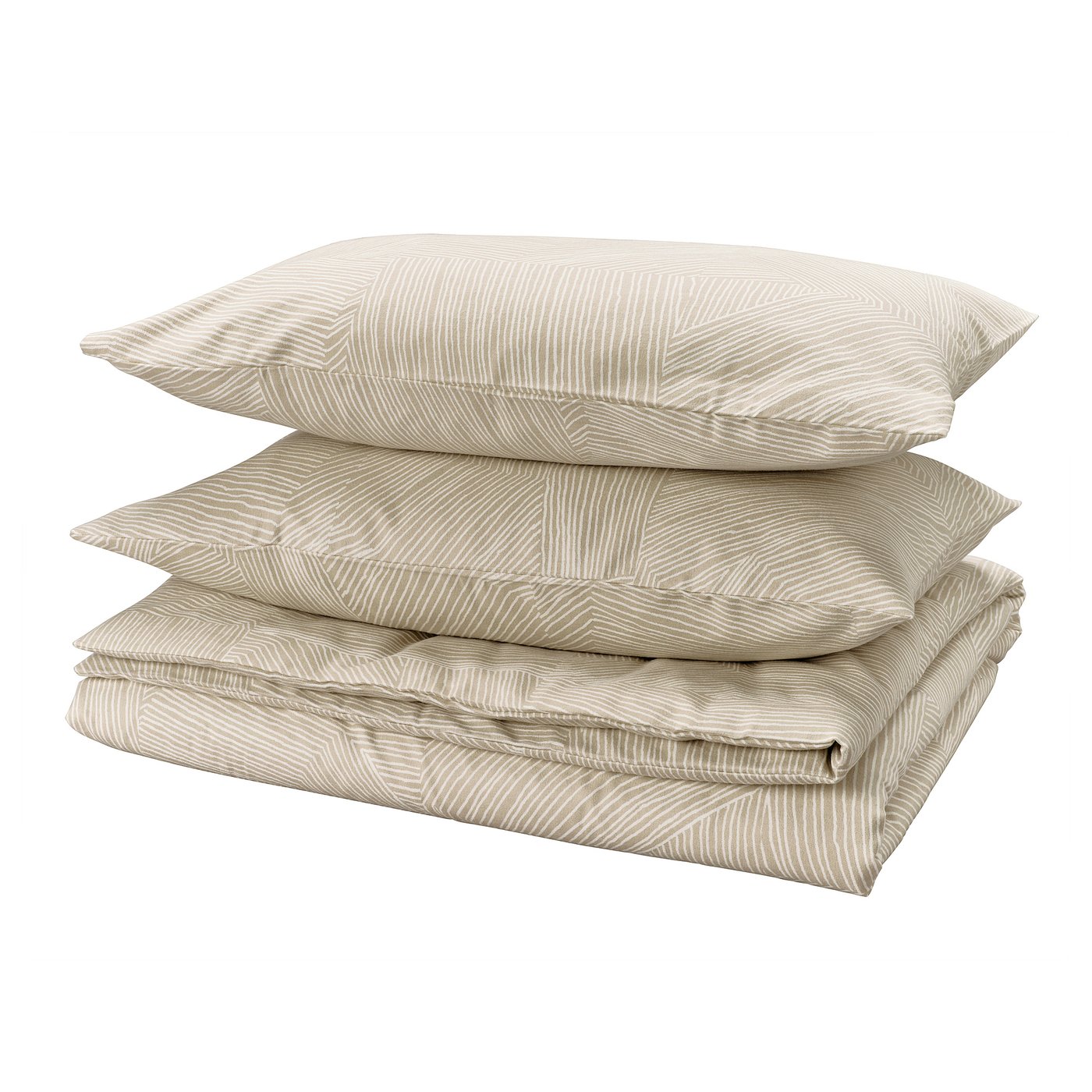 Three beige pillows with zigzag patterns neatly stacked.