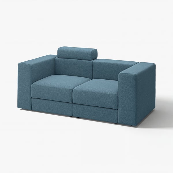 Modern blue modular sofa, clean lines, soft fabric, headrest, storage.