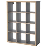 KALLAX grey cube storage unit, modern mineral effect, wooden edges, 3x3 grid design.