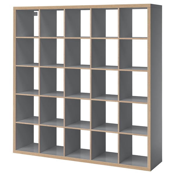KALLAX: grey cube shelves, wooden frame, multi-compartment, versatile storage.