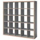 KALLAX: grey cube shelves, wooden frame, multi-compartment, versatile storage.
