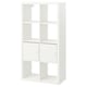A white KALLAX storage unit, featuring open shelves and closed cabinets, made from particleboard and acrylic paint.