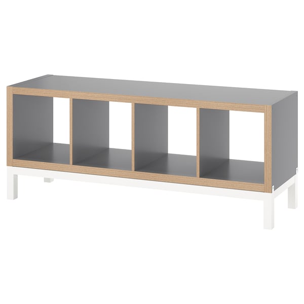KALLAX grey shelf, modern, rectangular, light wood trim, open storage.