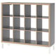 An empty KALLAX shelving unit in grey and light wood. It multiple cubes for storage, supported by a white underframe.