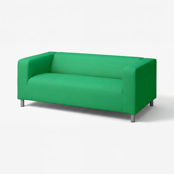 Bright green, modern sofa with metal legs, minimalist design.