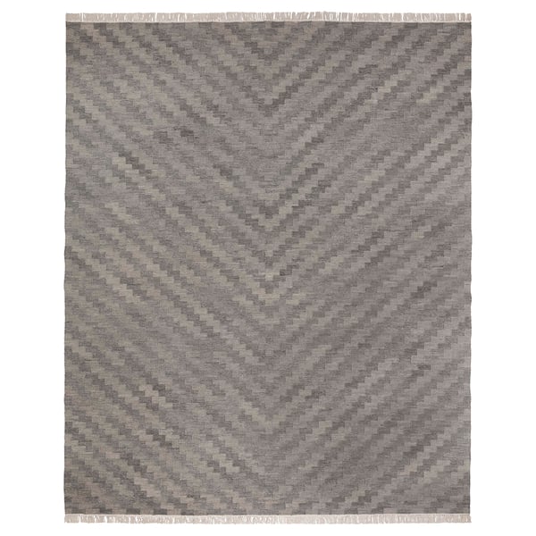 KNAPPHIRS grey wool-cotton rug, rectangle with fringe, geometric pattern.
